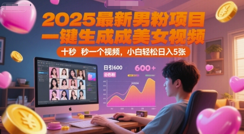 2025最新男粉项目，一键生成美女视频，日引600+色粉 十秒一个视频，小白轻松日入5张【揭秘】-搞钱基地