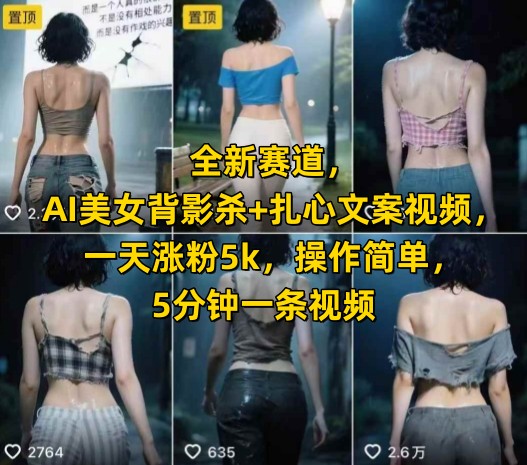 全新赛道，AI美女背影杀+扎心文案视频，一天涨粉5k，操作简单，5分钟一条视频-搞钱基地