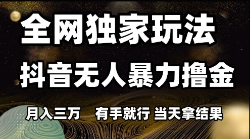 全网独家玩法抖音无人暴力撸金，月入3W，有手就行，当天拿结果【揭秘】-搞钱基地