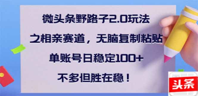 （14334期）微头条野路子2.0玩法之相亲赛道，无脑搬砖复制粘贴，单账号日稳定300+…-搞钱基地