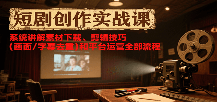 短剧创作实战课，系统讲解素材下载、剪辑技巧(画面/字幕去重)和平台运营全部流程-搞钱基地
