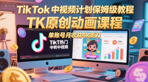 TikTok中视频计划保姆级教程，TK原创动画课程，单账号月收益4k美刀-搞钱基地