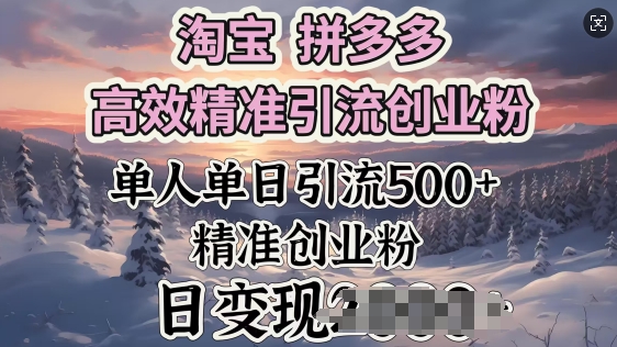 淘宝拼多多高效精准引流创业粉，单人单日引流500+创业粉，日变现多张-搞钱基地