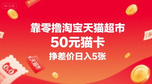 靠零撸淘宝天猫超市50元猫卡，挣差价日入5张-搞钱基地