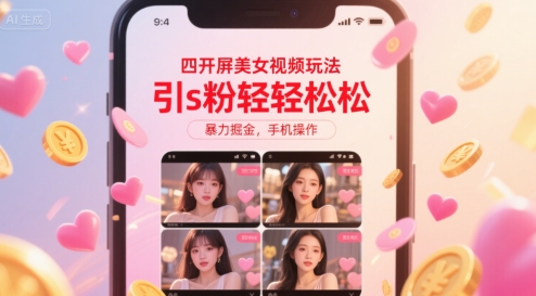 四开屏美女视频玩法，引s粉轻轻松松，暴力掘金，手机操作【揭秘】-搞钱基地