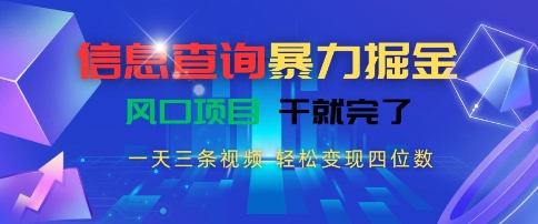 信息查询暴力掘金，一天三条视频，轻松变现四位数，风口项目干就完了【揭秘】-搞钱基地