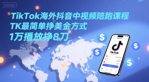 TikTok海外抖音中视频陪跑课程，TK最简单挣美金方式，1万播放挣8刀-搞钱基地