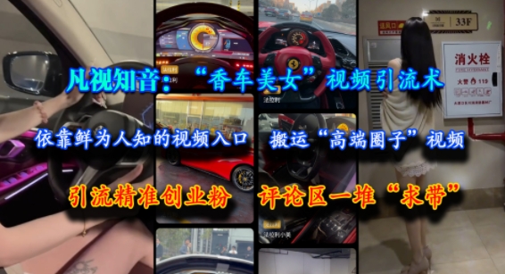 凡视知音：“香车美女”视频引流术，依靠鲜为人知的视频入口，搬运“高端圈子”视频，引流精准创业粉，评论区一堆“求带”-搞钱基地