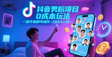 抖音男粉项目0成本玩法，一部手机即可操作，日均4张+，时间自由-搞钱基地