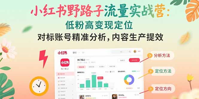 小红书野路子流量实战营：低粉高变现定位 对标账号精准分析 内容生产提效-搞钱基地