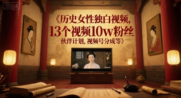 历史女性独白视频，13个视频10w粉丝，伙伴计划，视频号分成等-搞钱基地