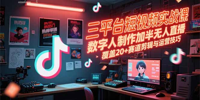 三平台短视频实战课，数字人制作加半无人直播，覆盖20+赛道剪辑与运营技巧-搞钱基地