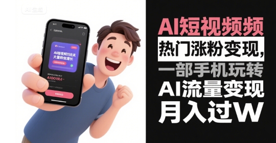 AI短视频热门涨粉变现，一部手机玩转AI流量变现，月入过W-搞钱基地