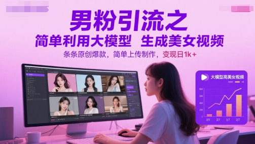 男粉引流之简单利用大模型生成美女视频，条条原创爆款，简单上传制作，变现日1k+-搞钱基地