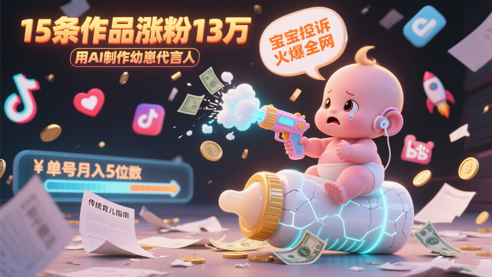 用AI制作幼崽代言人，宝宝的控诉火爆全网，15条作品涨粉13万，单号月入5位数实操教程-搞钱基地