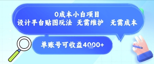 0成本小白项目，设计平台贴图玩法，无需维护，无需成本，单账号单月可产生收益4k+-搞钱基地