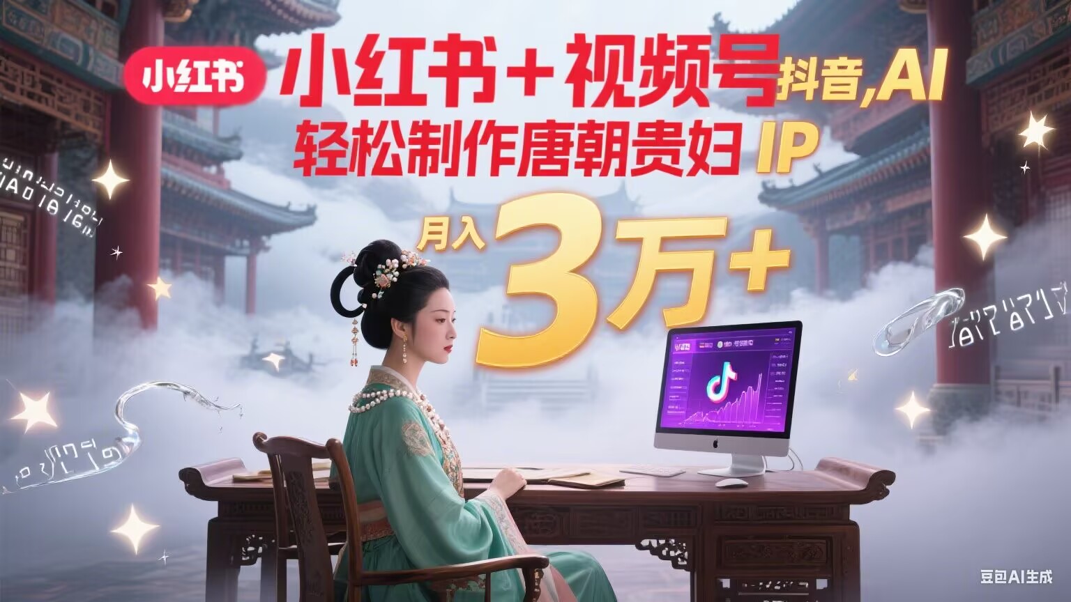 小红书+视频号+抖音，AI轻松制作唐朝贵妇IP，毒鸡汤、励志、减肥瘦身、养生赛道轻松切入，每天30分钟，轻松产出N条，月入3万+-搞钱基地