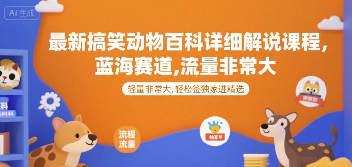 最新搞笑动物百科详细解说课程，蓝海赛道，流量非常大，轻松签独家进精选-搞钱基地