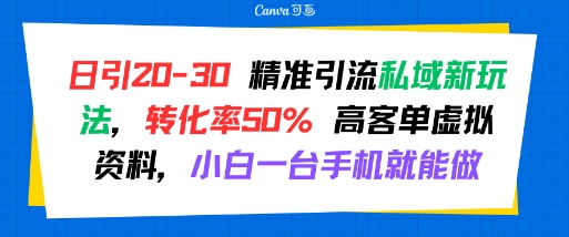 日引 20-30 精准引流私域新玩法，转化率50% 高客单虚拟资料，小白一台手机就能做-搞钱基地
