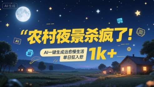 农村夜景杀疯了！AI一键生成治愈系慢生活，单日狂入1k+-搞钱基地